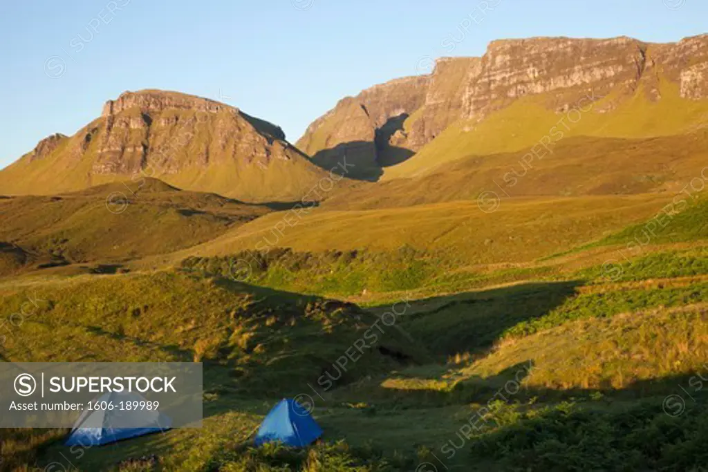 Scotland, Inner Hebrides, Isle of Skye, Camping Tents and The Quiraing Mountain Range