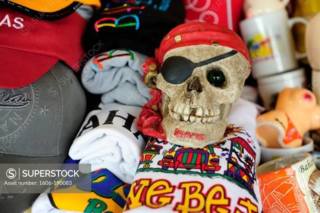 close-up on skull of pirate with eye patch and bandanain Straw market of Nassau,New Providence island,Bahamas
