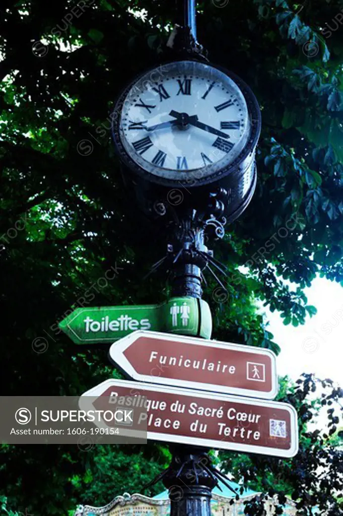 City clock and sign in Paris Montmartre,France,Europe