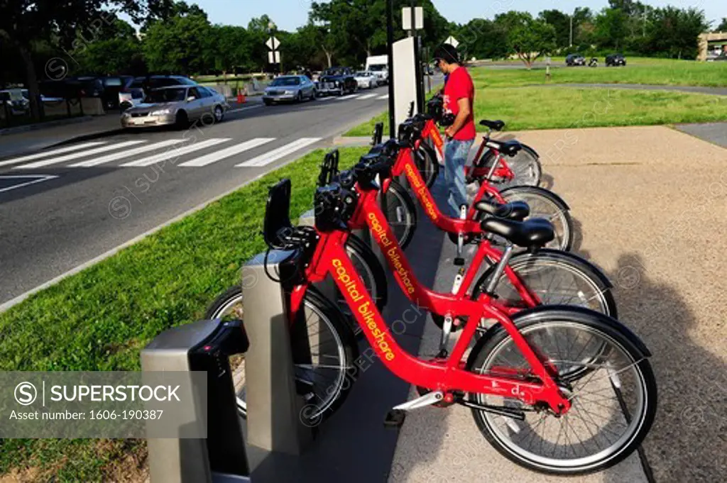 A Capital Bikeshare stand in downtown Washington DC,United States of America,USA
