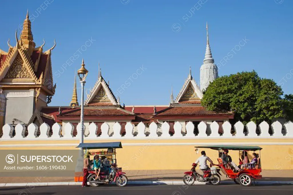 Cambodia, Phnom Penh, Tuk Tuk and Mobile Soft Drink Vendor in front of the Royal Palace