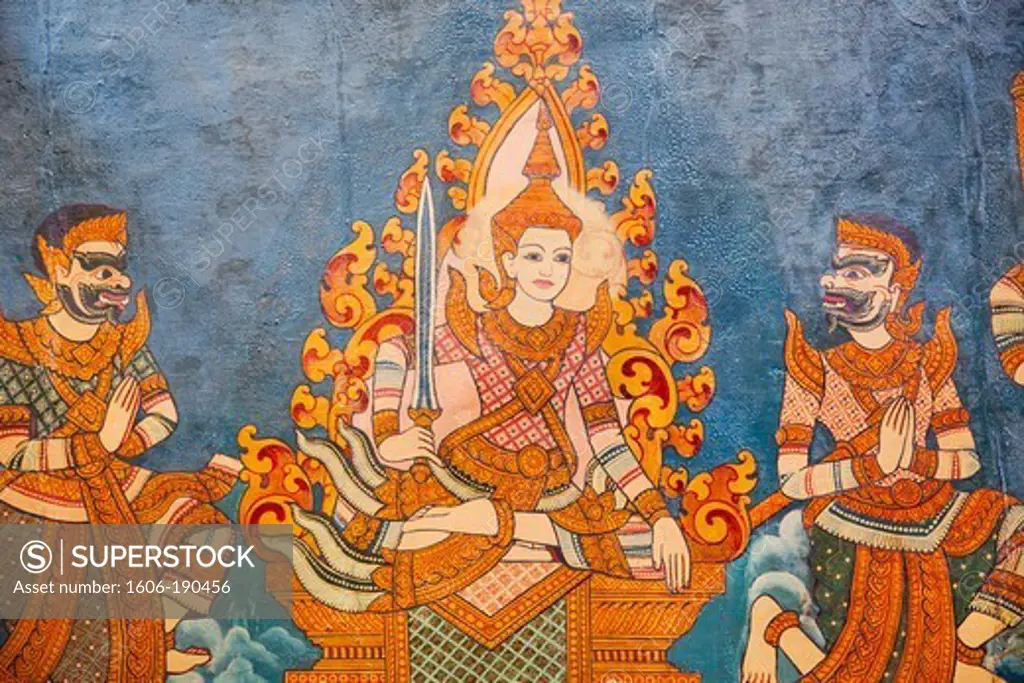 Cambodia, Phnom Penh, Wat Phnom, Wall Mural depicting Life of Buddha