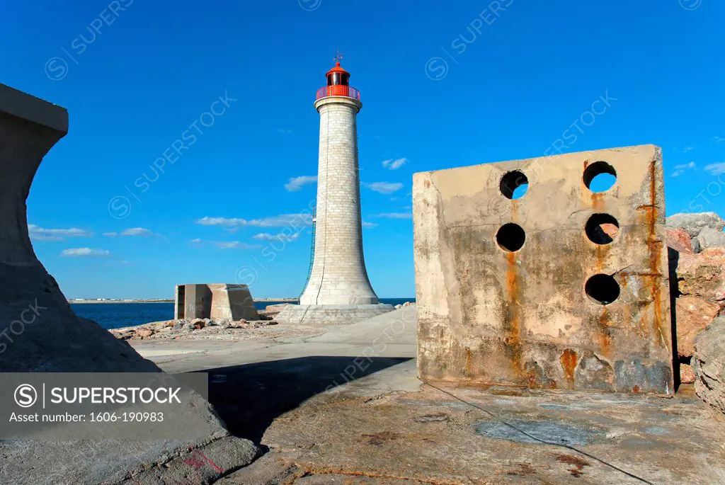 Sete, Lighthouse, Seaport, Herault, Languedoc-Roussillon, sea in blue sky, France