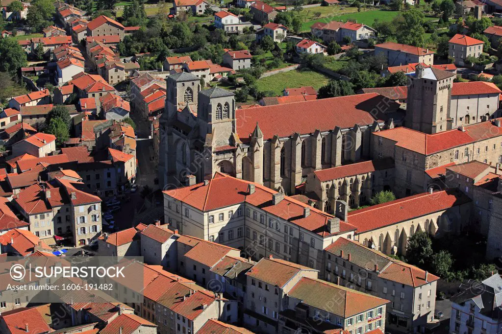 France, Haute-Loire (43), La Chaise-Dieu, a village famous for its gothic architecture dating from the fourteenth century monastery, nestled in the heart of Parc Naturel Régional Livradois (aerial photo)