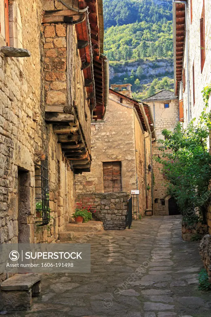France, Lozère (48), a village in the Tarn gorges, it is labeled one of The Most beautiful villages of France, the picturesque streets of the village