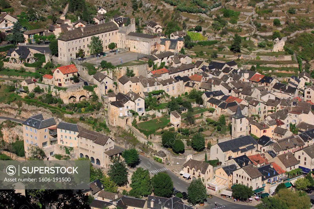 France, Lozère (48), a village in the Tarn gorges, it is labeled one of The Most beautiful villages of France (aerial photo)