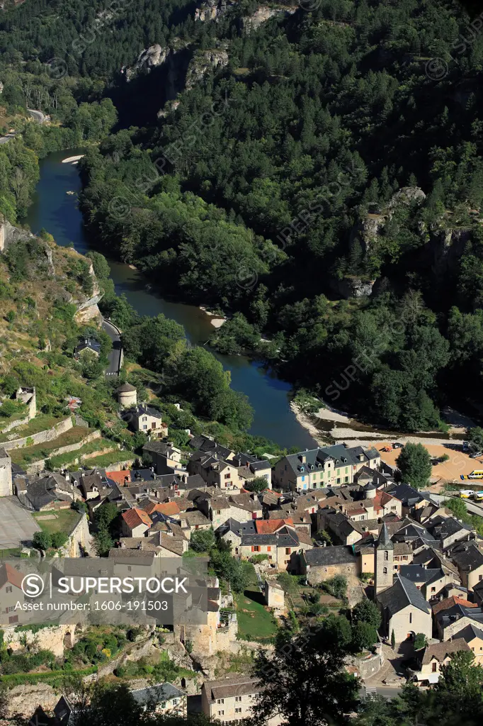 France, Lozère (48), a village in the Tarn gorges, it is labeled one of The Most beautiful villages of France (aerial photo)