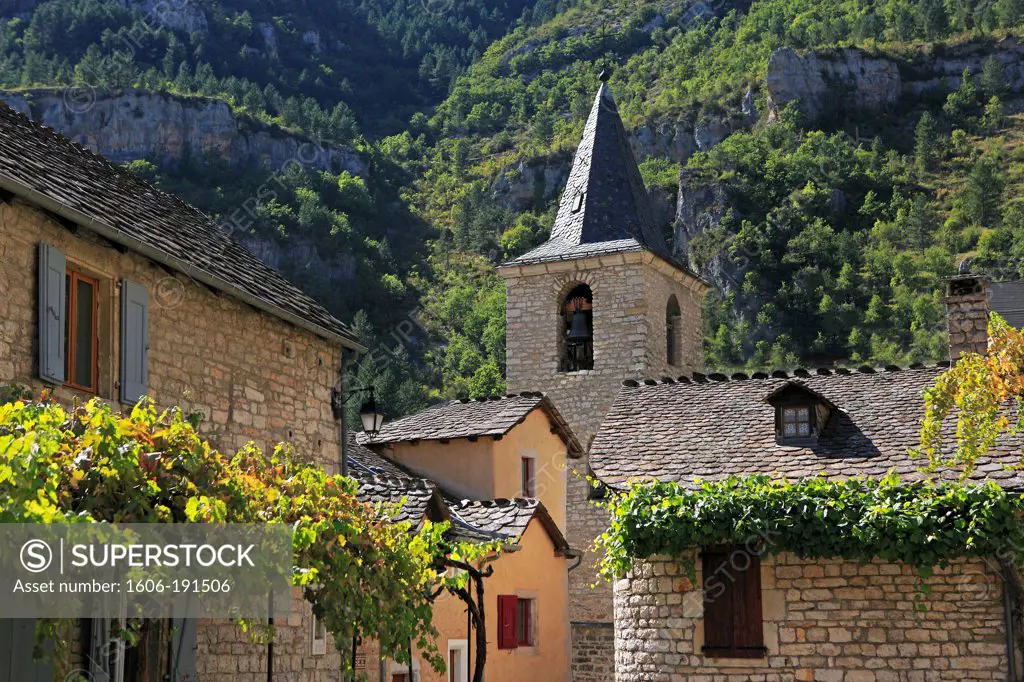 France, Lozère (48), a village in the Tarn gorges, it is labeled one of The Most beautiful villages of France, the church from the streets of the village
