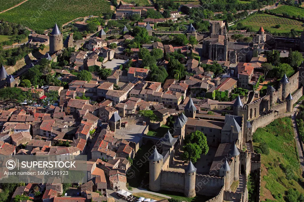 France, Aude (11), Carcassonne, the City, a medieval architectural restored by Viollet-le-Duc in the nineteenth century and World Heritage by UNESCO, the heart of the City, (aerial photo