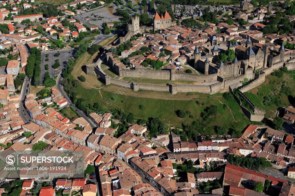 France, Aude (11), Carcassonne, the City, a medieval architectural restored by Viollet-le-Duc in the nineteenth century and World Heritage of UNESCO (aerial photo