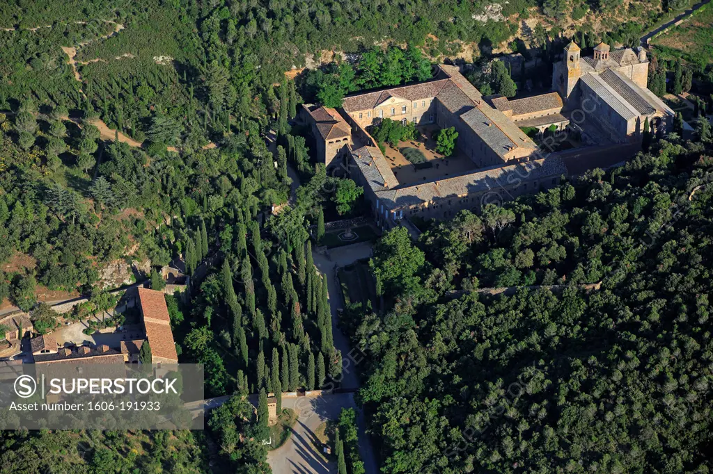 France, Aude (11), Abbey Sainte-Marie Fontfroide Cistercian classified historical monuments (aerial photo),