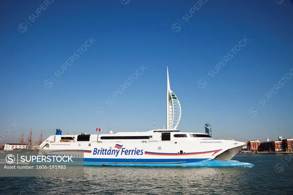 England,Hampshire,Portsmouth,Spinnaker Tower and Brittany Ferries Catamaran
