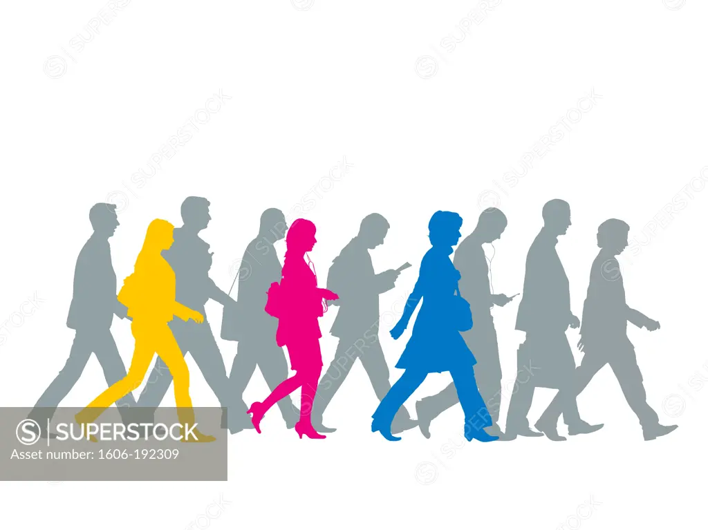 Colour Silhouettes Of A Crowd Walking