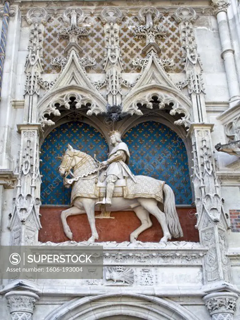 France, Loire Et Cher Department, Blois, Chateau De Blois, Sculpture On The Principal Door'S Lintel Of Louis Xii Ridding A Royal Horse
