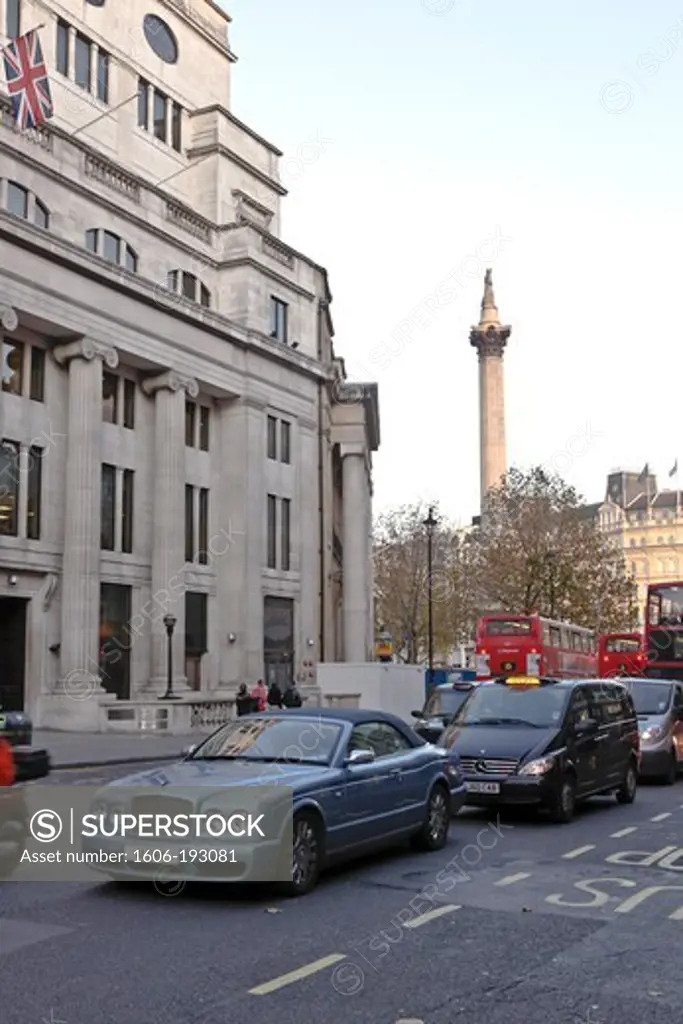 England, London, Trafalgar Square, Street With A View Of The Nelson'S Column In The Background
