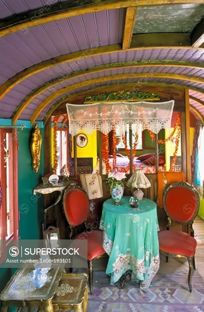 Inside Of A Decorated Horse-Drawn Caravan