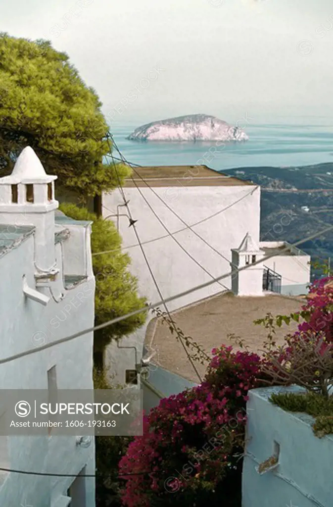 Greece, Serifos Island, Houses And View On The Sea And An Island