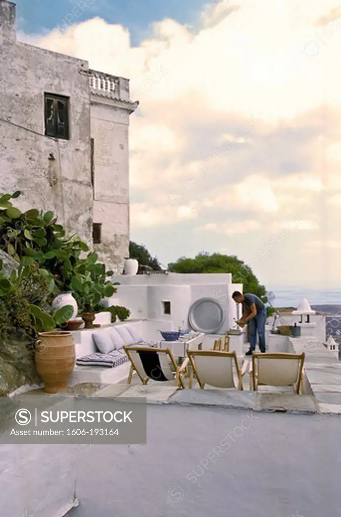 Greece, Serifos Island, Terrace And Deckchairs