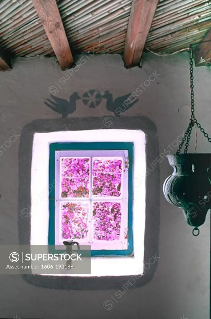 Greece, Serifos Island, Inside Of A House, Decorated Window Rim With Two Painted Blue Birds And A Sun-Like Flower