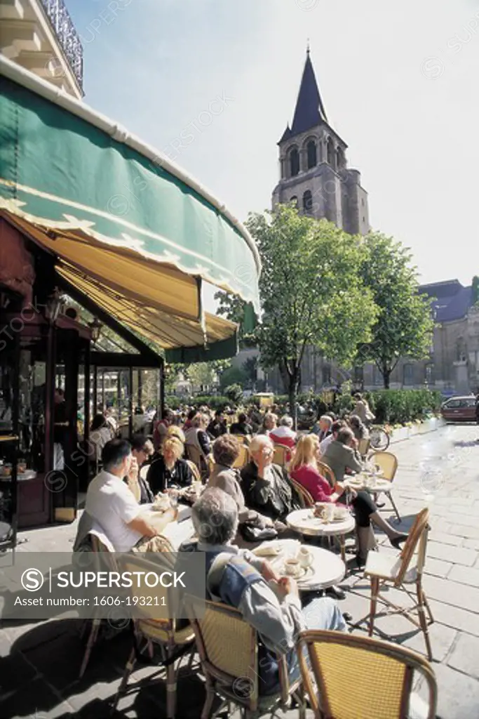 France, Paris, St Germain Des Pres, Les Deux Magots Cafe, Terrace With Customers