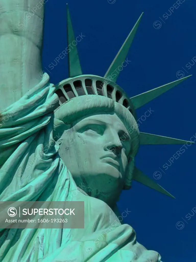 USA, New York City, Liberty Island, Low Angle View Of The Statue Of Liberty, Close Up Of The Face