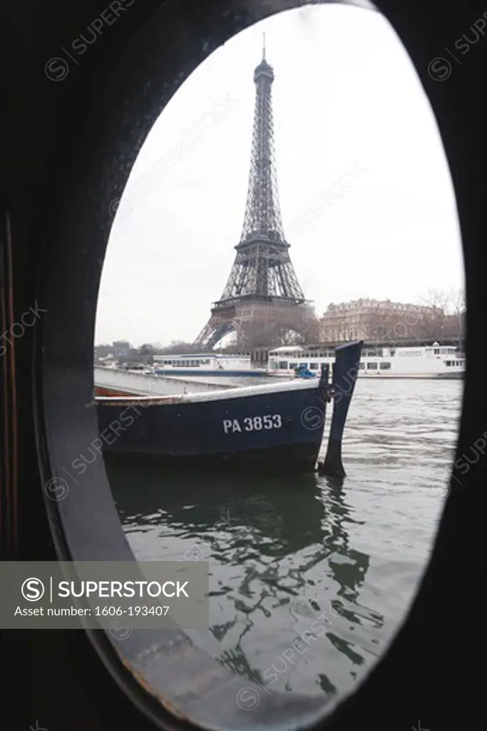 France, Paris, The Eiffel Tower View From The Porthole Of A Barge