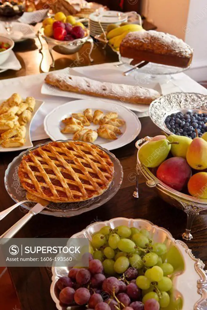 Close Up Of A Breakfast Buffet, With Pastries, Pies And Fruits