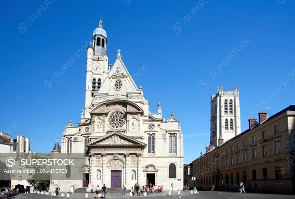 France, Paris, 5Th District, Church Of St. Etienne Du Mont, Right The Lycee Henri Iv And The Steeple Of The Old Abbey Of Sainte Genevieve (Tower Clovis)