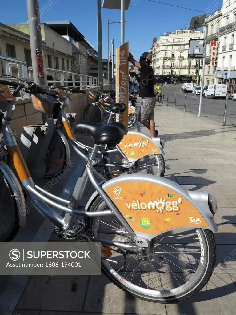 France. Herault. Montpellier. Downtown. Gare Saint Roch. Young Man, 25 Years Old, Currently Rent Velomagg.