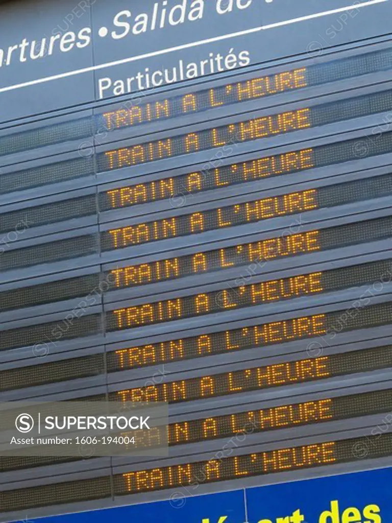 France. Herault. Montpellier. Downtown. Gare Sncf Saint Roch. Focus On The Billboard Train Schedules.