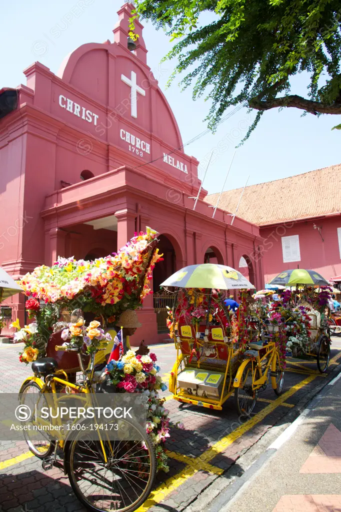Malaysia, Melaka, Rickshaws In Front Of A Church