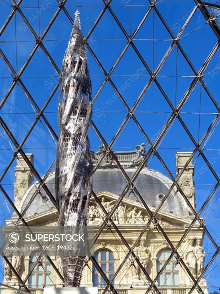 France. Paris. Louvre Museum. Pyramid By The Architect Ieoh Ming Pei. Sculpture By Wim Delvoye.