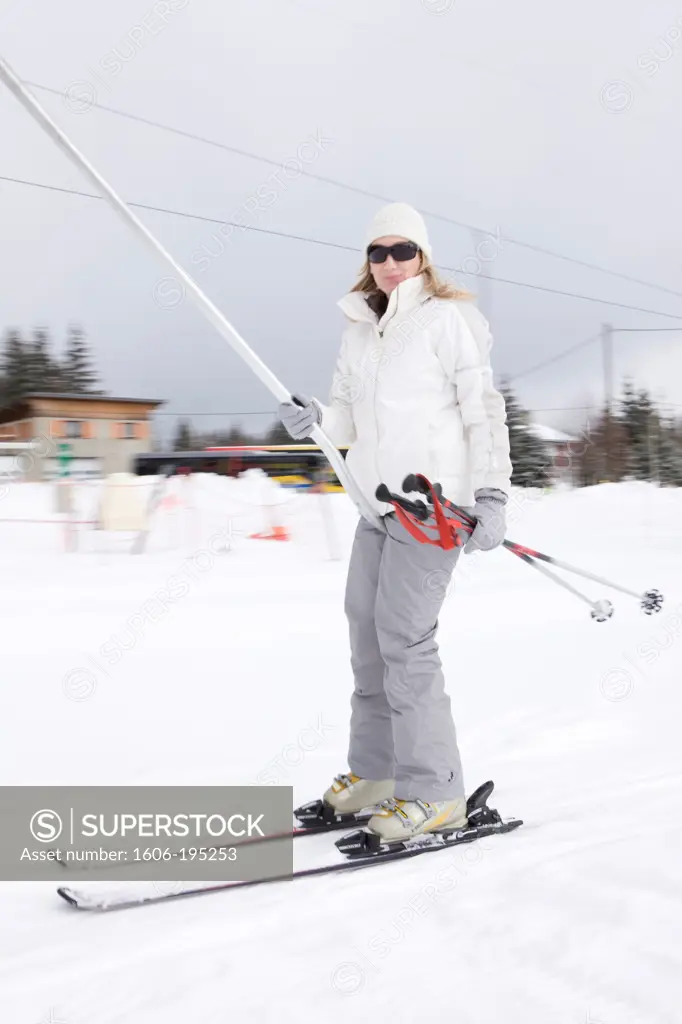 France, Winter Woman Portrait On A Ski Lift