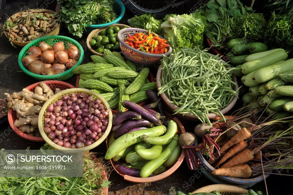 A Range Of Vegetables And Other Produce Are On Display At The Public Market Of Cantho, Mekong Delta, Vietnam, South East Asia, Asia