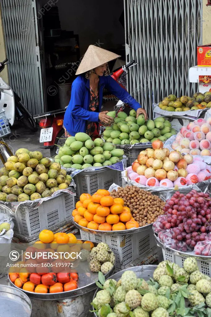 Vietnamese Woman Carrying Fruits For Sale In Cantho, Mekong Delta, Vietnam, South East Asia, Asia