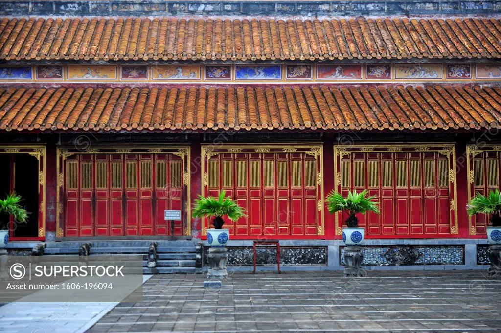 Colorful Red And Gold  Decorative Doors On The Exterior Of The Forbidden In Hue'S Citadel, Central Vietnam, Vietnam, South East Asia, Asia