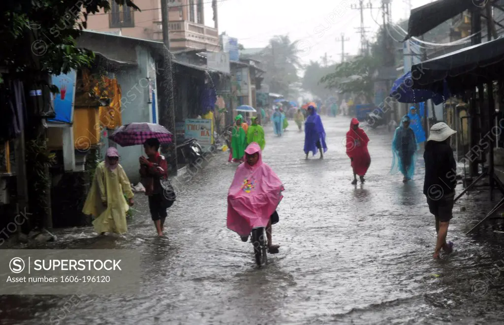 Street Scene, Flooded Scene In Hue In Rain, Central Vietnam, Vietnam, South East Asia, Asia