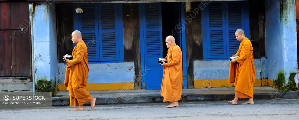 A Group Of Monks Are Walking In A Street Of Hoi An To Receive The Food Offering, Vietnam, South East Asia, Asia