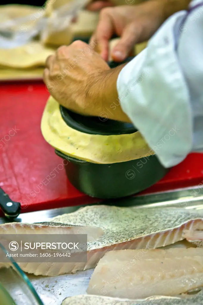 France, Paris, Chef Making A Stew Sealed With Puff Paste