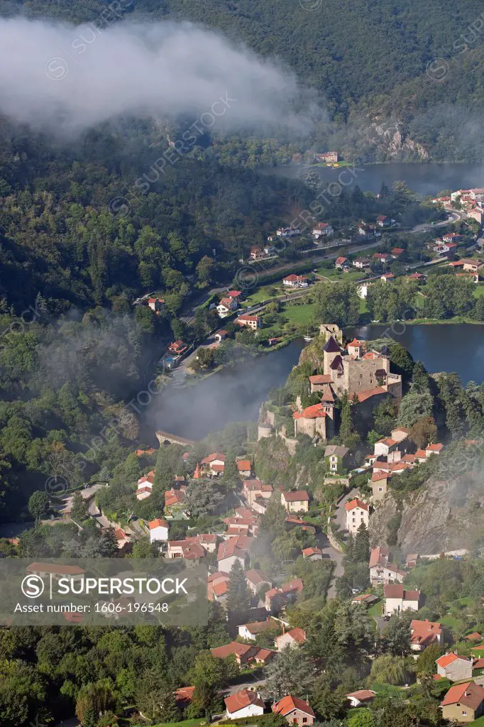France, Loire (42), Saint-Paul-En-Cornillon, Medieval Town, The Chateau De Cornillon, Whose First Walls Were Built In The Eleventh Century, Stands On Top Of The Rock, Dominates The Lake Grangent, (Aerial Photo),
