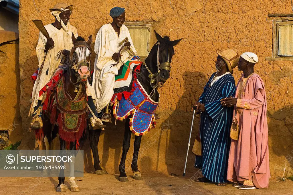 Benin, Alibori County, Kandi, Bio Buko And Abdoul Yagou Riders Of Bariba Ethnic Group Pledging Allegiance To King Kandi Saka Vafia Iii