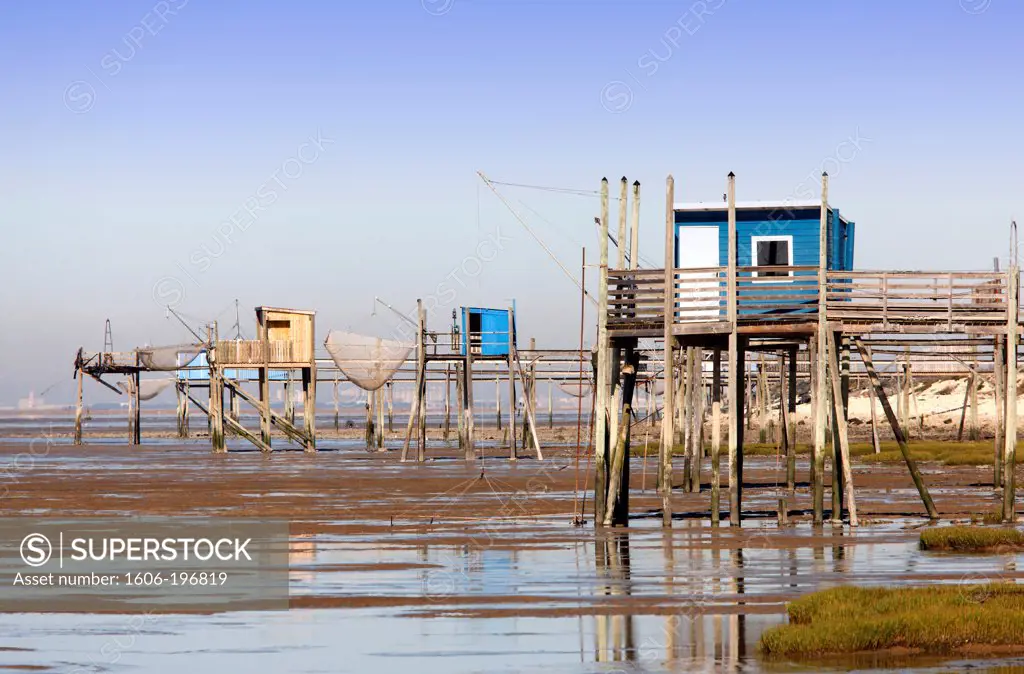 France. Charente Maritime. Near Chatelaillon Beach. Fisherman Huts At Low Tide.