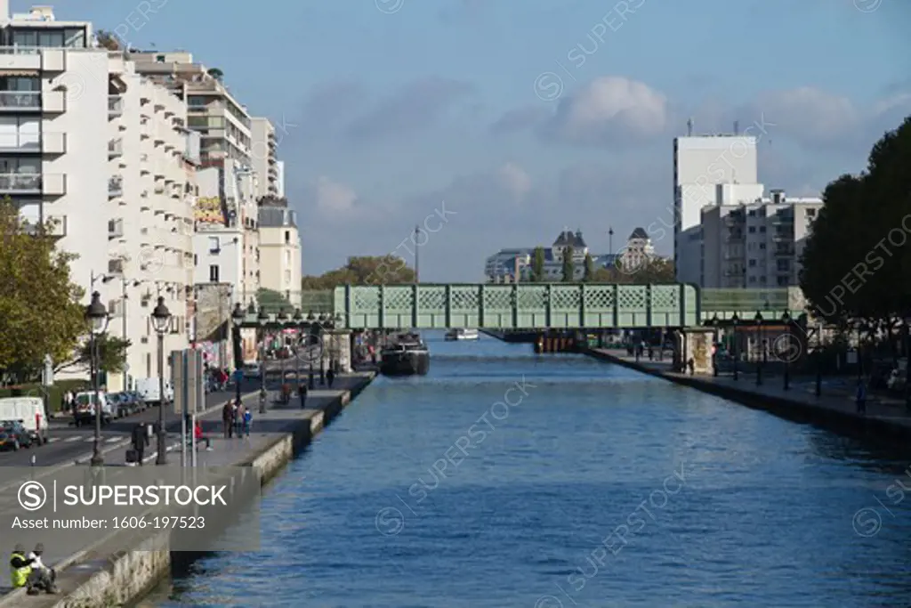 France, Paris, Canal Saint-Martin, Buildings And Bridge