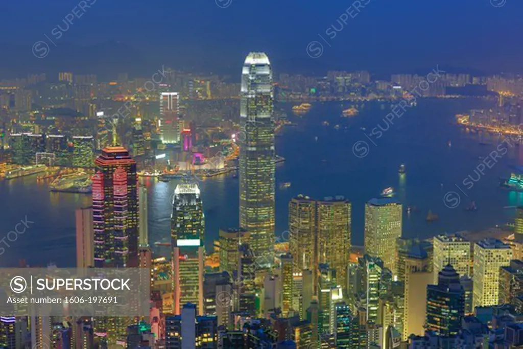 Hong Kong City. Sunset From Victoria Peak, Hong Kong Island And Kowloon, Financial Center Bldg.