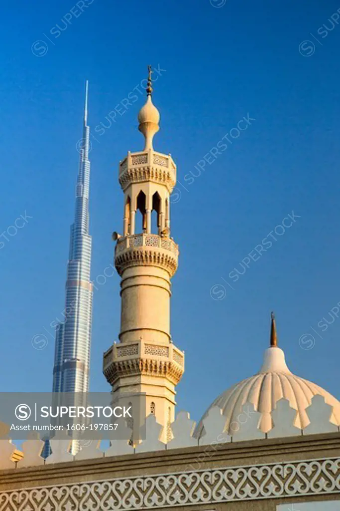 United Arab Emirates (Uae), Dubai City, Down Town Dubai, Minaret And  Burj Khalifa Bldg.
