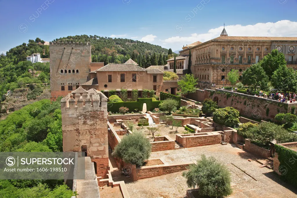 Spain, Andalusia, Granada City, Alhambra, Alcazaba, View Of The Palace Of Charles V, The Nasrides Palace And The Gardens
