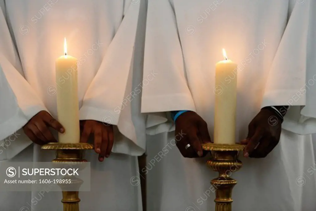Catholic Altar Boys Holding Church Candles For Procession