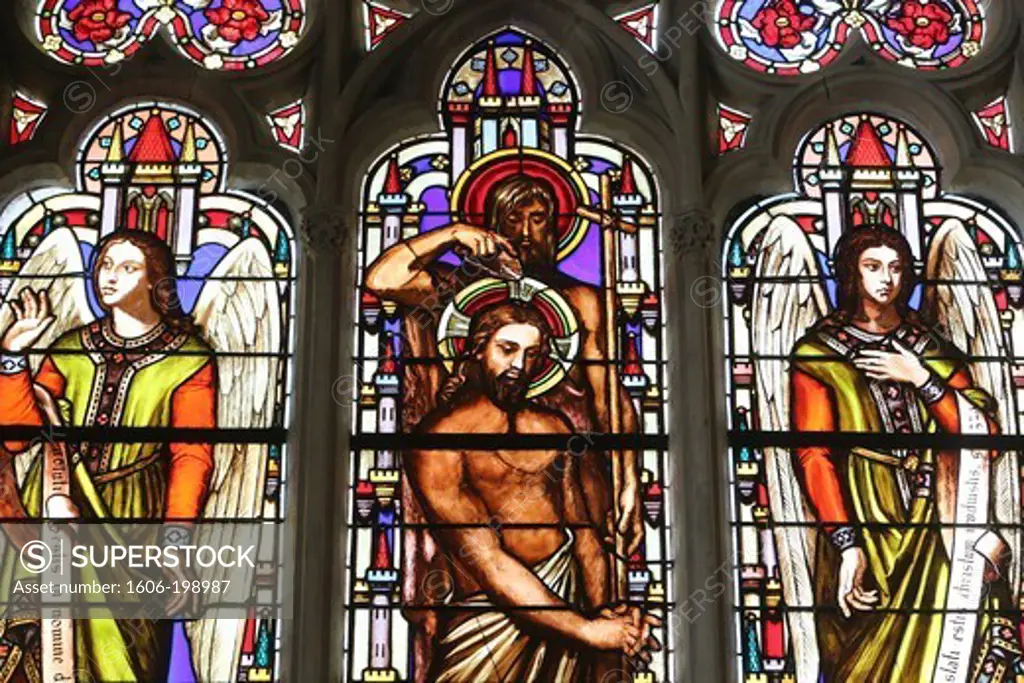 St Germain L'Auxerrois Church. Baptism Of Jesus By John The Baptist. Stained Glass Window. Paris. France.