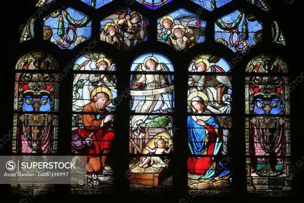 St Eustache Church. Stained Glass Window. Nativity. Paris. France.