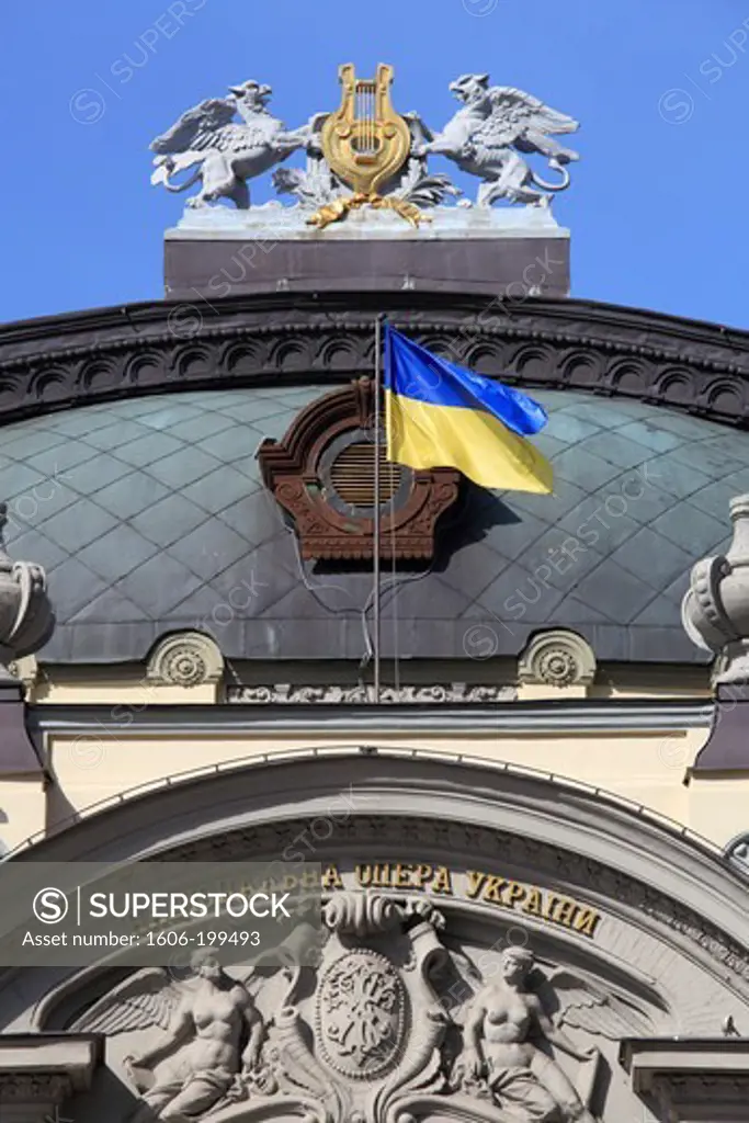 Ukraine, Kiev, Kyiv, National Opera, Ukrainian Flag,